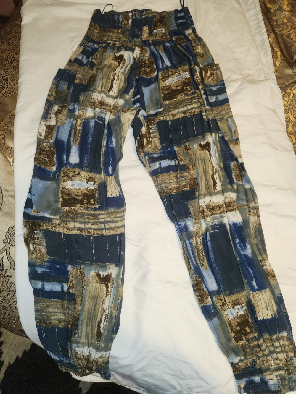easel Abstract Block-Print Jogger Pants in Blue and Brown